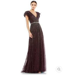 Mac Duggal SEQUINED WRAP OVER RUFFLED CAP SLEEVE GOWN Color BlackBerry